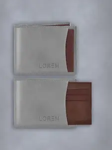 LOREM Men Grey & Brown Leather Two Fold Wallet with SIM Card Holder