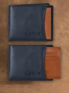 LOREM Men Navy Blue & Tan Leather Two Fold Wallet with SIM Card Holder