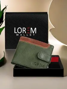 LOREM Men Green & Brown Textured Two Fold Wallet with SIM Card Holder