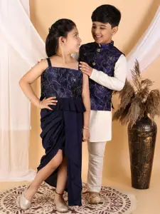 VASTRAMAY Girls Navy Blue Embroidered Sequinned Ready to Wear Lehenga