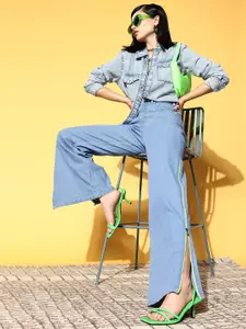 SASSAFRAS Women Stylish Blue High-Rise Straight Fit Stretchable Jeans