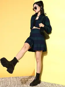 SASSAFRAS Women Navy Blue Checked Shirt with Skirt