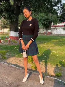 SASSAFRAS Navy Blue Checked Pleated A-Line Mini Skirt