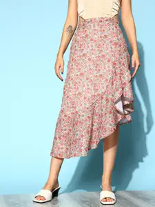 SASSAFRAS Pink & Beige Ditsy Floral Cascading Ruffle Skirt