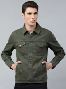 Urbano Fashion Men Olive Green Solid Cotton Denim Jacket