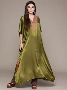 aarke Ritu Kumar Women Olive Green Ethnic Motifs Yoke Design Flared Sleeves Kaftan Kurta