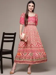 aarke Ritu Kumar Pink & Green Ethnic Motifs A-Line Midi Dress