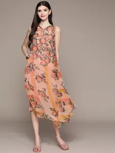 aarke Ritu Kumar Orange & Charcoal Grey Floral Printed Chiffon A-Line Midi Dress