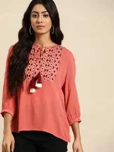 all about you Peach-Coloured Embroidered Tie-Up Neck Top