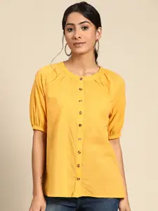 all about you Mustard Yellow Pure Cotton Dobby Weave Mandarin Collar Top