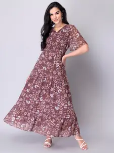FabAlley Brown Floral Georgette Back Cut Out  Maxi Dress