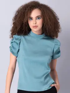 FabAlley Blue Women  Ruched Sleeves High Neck Satin Top