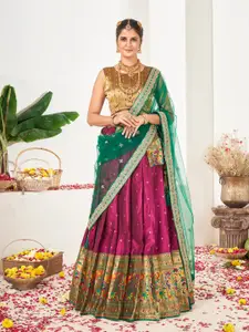 SHOPGARB Pink & Green Embellished Semi-Stitched Lehenga & Unstitched Blouse With Dupatta