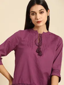 all about you Purple Self-Striped Pure Cotton Tie-Up Neck Top