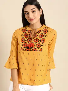 all about you Women Mustard Yellow & Black Geometric Printed Tie-Up Neck Top