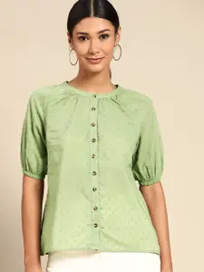 all about you Women Green Dobby Weave Pure Cotton Shirt Style Top