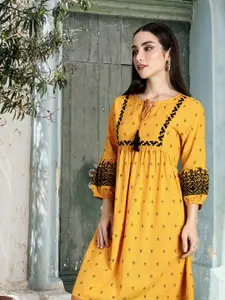 all about you Mustard Yellow Keyhole Neck A-Line Geometric Print Pure Cotton Dress