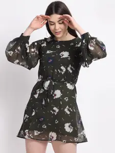 La Zoire Olive Green Floral Georgette Mini Dress