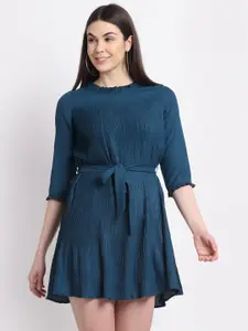 La Zoire Teal Georgette Belted Fit & Flare Dress