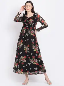 La Zoire Black & Red Floral Georgette Maxi Dress