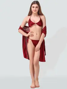 Romaisa Maroon Solid Robe with Bra and Thong