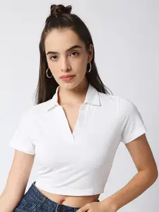 Disrupt Women White Polo Collar Slim Fit T-shirt