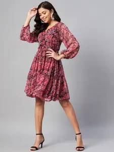 plusS Red & Black Floral V Neck Dress