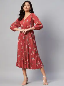 plusS Rust & Grey Floral Accordion Pleats Midi Dress