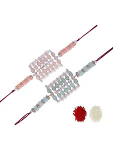 I Jewels Set of 2 Pearl Beads Studded Rakhi Bracelet with Roli Chawal