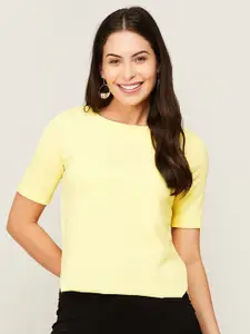 CODE by Lifestyle Yellow Self Design Knitted Top