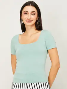 Ginger by Lifestyle Green Solid Cotton Blend Square Neck Tops