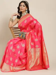 Ishin Pink & Golden Ethnic Motifs Zari Art Silk Banarasi Saree