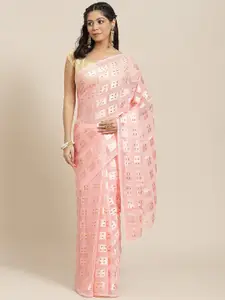 Ishin Pink & Golden Woven Design Poly Georgette Saree