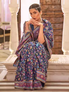 Mitera Navy Blue & Mustard Floral Silk Blend Banarasi Saree