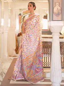 Mitera Cream-Coloured & Pink Woven Design Zari Silk Blend Banarasi Saree