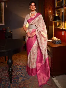 Mitera Women Pink & Gold-Toned Woven Design Zari Silk Blend Dharmavaram Saree