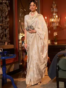 Mitera Cream-Coloured & Gold-Toned Woven Design Zari Silk Blend Banarasi Saree