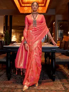 Mitera Women Peach-Coloured & Gold-Toned Woven Design Zari Silk Blend Banarasi Saree