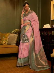 Mitera Pink & Gold-Toned Woven Design Zari Pure Linen Banarasi Saree