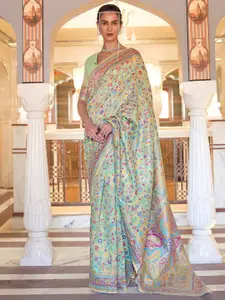 Mitera Green & Blue Woven Design Zari Silk Blend Banarasi Saree