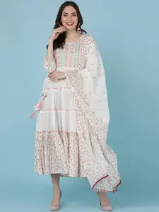 JAIPUR PRIME Women Pink Yoke Design  Thread Work White Romance Tiered Kurta