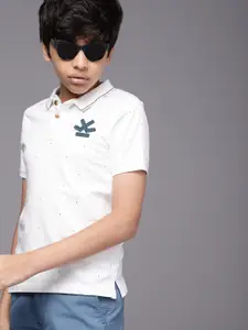 WROGN YOUTH Boys Off White Printed Polo Collar Pure Cotton Slim Fit T-shirt