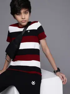 WROGN YOUTH Boys Maroon & Black Block Stripes Pure Cotton Applique Slim Fit T-shirt