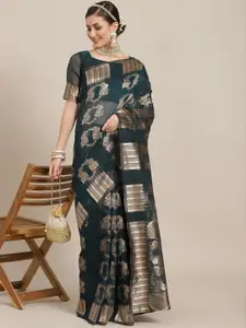 Saree mall Teal & Gold-Toned Floral Zari Banarasi Sarees