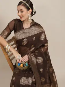 Saree mall Brown & Gold-Toned Ethnic Motifs Zari Banarasi Sarees