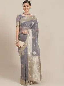Saree mall Grey Ethnic Motifs Zari Silk Blend Banarasi Sarees