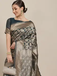 Saree mall Teal & Gold-Toned Ethnic Motifs Zari Patola Sarees