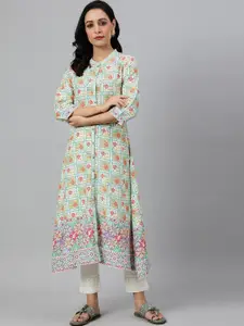 W Women Sea Green & White Ethnic Motifs Printed Kurta
