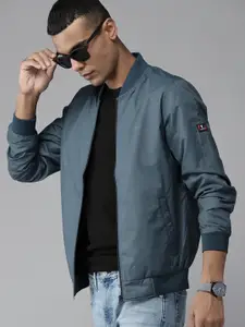 Van Heusen Men Teal Blue Solid Bomber Jacket