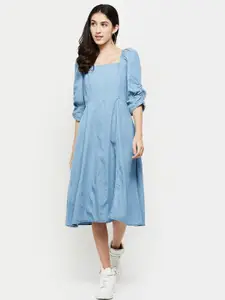 max Blue Denim Solid A-Line Midi Dress